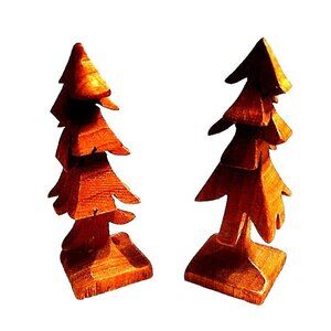 2  Small Wooden Trees 4" Handcrafted Carved Brown Vintage